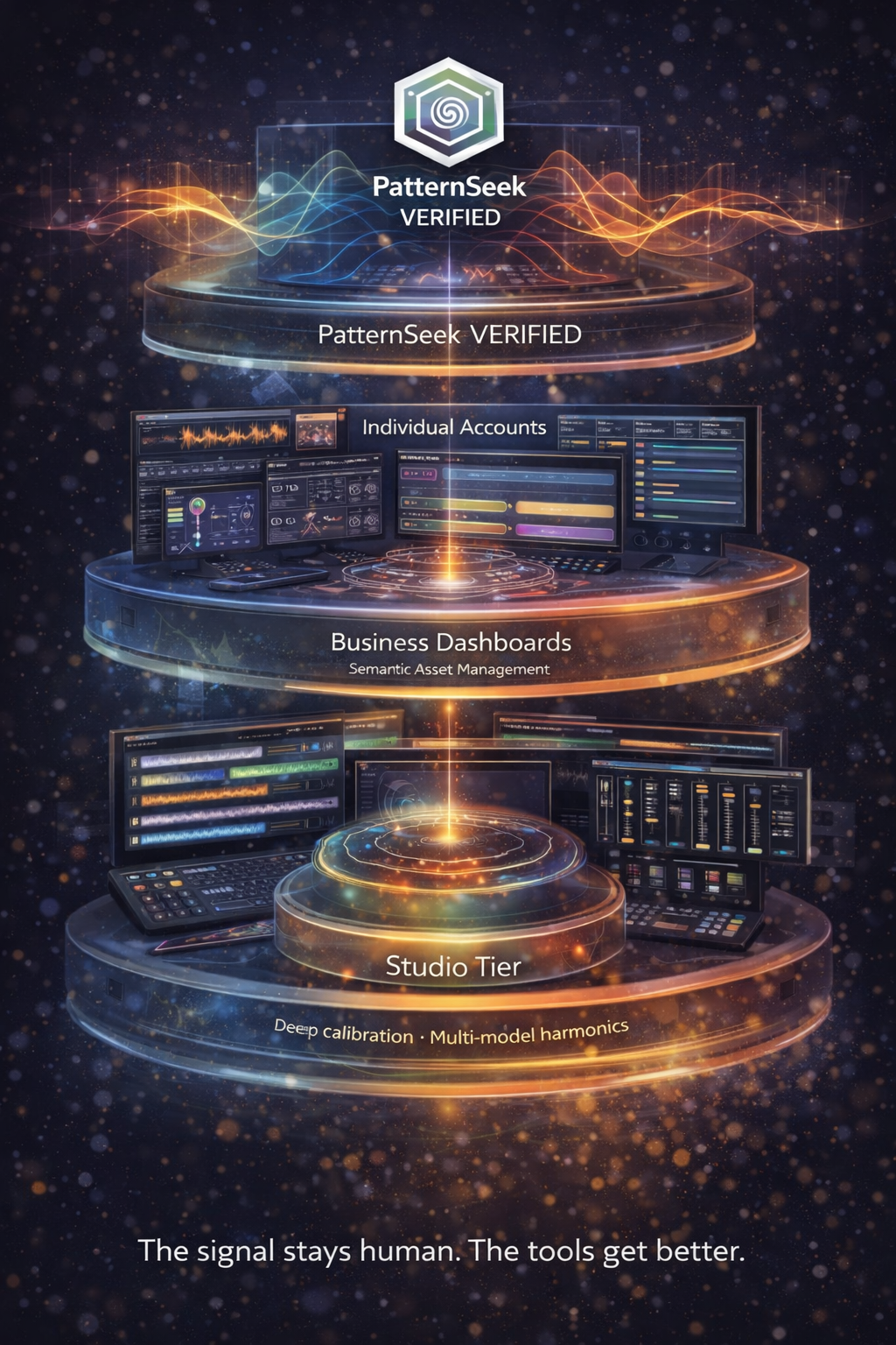 Layered product ladder from Verified to individual accounts, business dashboards, and studio tier